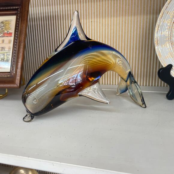 Murano Style Art Glass Dolphin Figurine in Amber and Blue, 7.25” - Picture 2 of 6